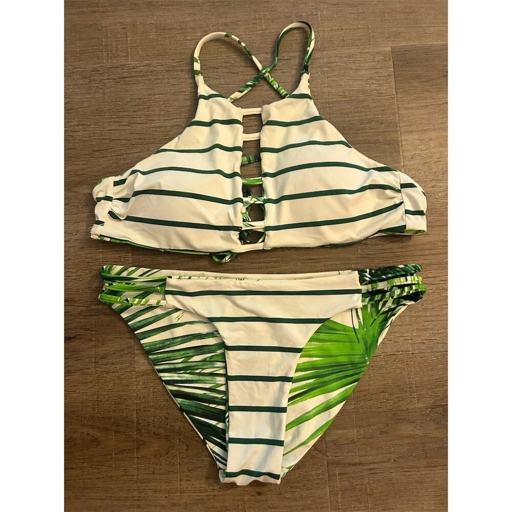 Bikini Set Womens Size M Green Reversible Tropical Leaf